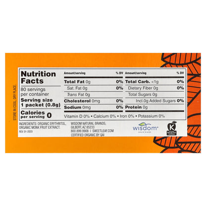 SweetLeaf Stevia, Monk Fruit Organic Sweetener, Granular, 80 Packets, 2.26 oz (64 g)