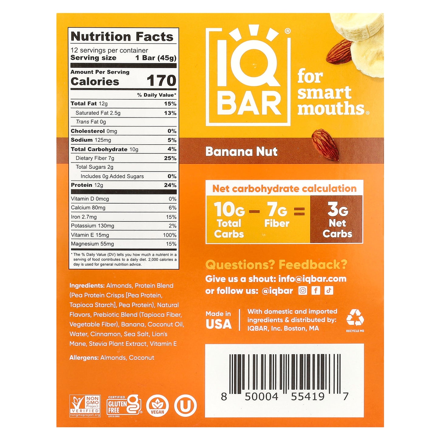 IQBAR, Plant Protein Bar, Banana Nut, 12 Bars, 1.6 oz (45 g) Each