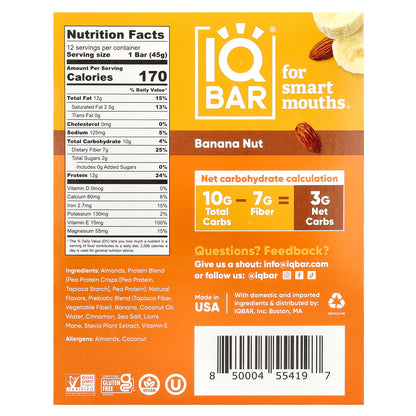 IQBAR, Plant Protein Bar, Banana Nut, 12 Bars, 1.6 oz (45 g) Each