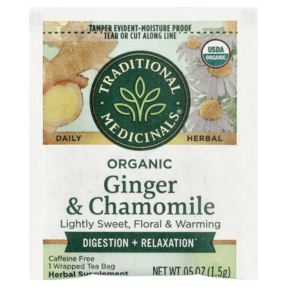 Traditional Medicinals, Organic Ginger & Chamomile, Caffeine Free, 16 Wrapped Tea Bags, 0.85 oz (24 g)