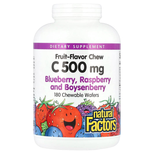 Natural Factors, Fruit-Flavor Chew Vitamin C, Blueberry, Raspberry and Boysenberry, 500 mg, 180 Chewable Wafers