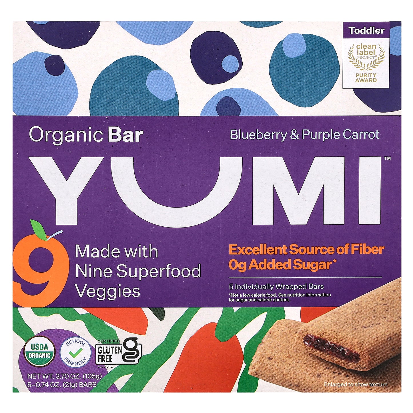 Yumi, Organic Bar, Toddler, Blueberry & Purple Carrot, 5 Bars, 0.74 oz (21 g) Each