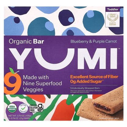 Yumi, Organic Bar, Toddler, Blueberry & Purple Carrot, 5 Bars, 0.74 oz (21 g) Each