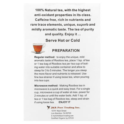 J&R Port Trading, Rooibos Red Tea, Caffeine-Free, 40 Tea Bags, 3.53 oz (100 g)