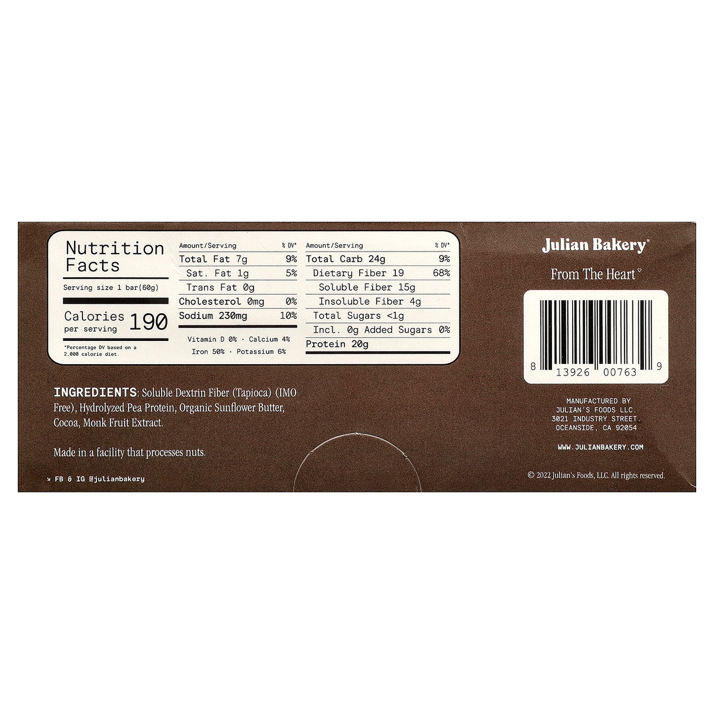 Julian Bakery, Pea Protein Bar, Dark Chocolate, 12 Bars, 2.1 oz (60 g) Each