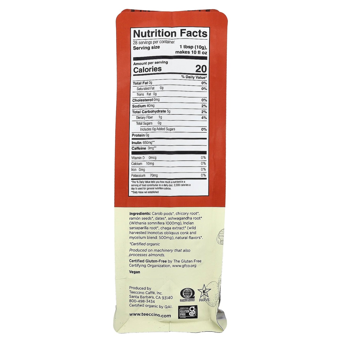 Teeccino, Mushroom Herbal Coffee, Chaga Ashwagandha, Medium Roast, Caffeine Free, 10 oz (284 g)