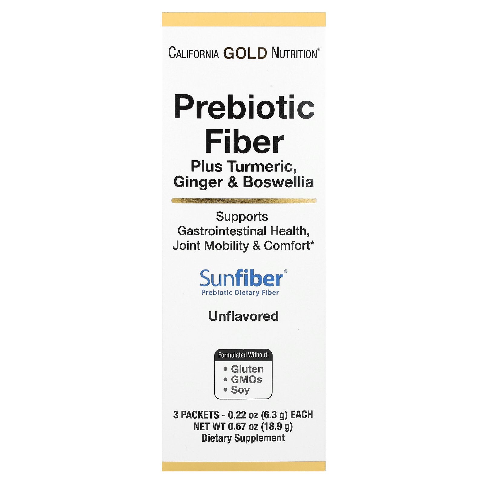 California Gold Nutrition, Prebiotic Fiber Plus Turmeric, Ginger, & Boswellia, 3 Packets, 0.22 oz (6.3 g) Each