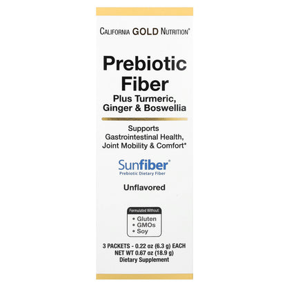 California Gold Nutrition, Prebiotic Fiber Plus Turmeric, Ginger, & Boswellia, 3 Packets, 0.22 oz (6.3 g) Each