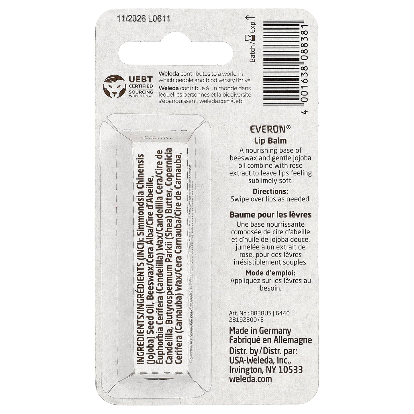 Weleda, Everon®, Lip Balm, Rose & Beeswax, 0.17 oz (4.8 g)