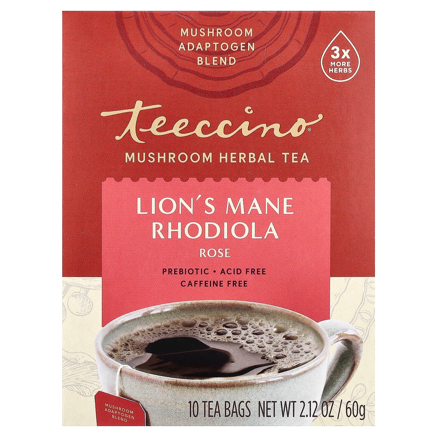 Teeccino, Mushroom Herbal Tea, Lion's Mane Rhodiola, Rose, Caffeine Free, 10 Tea Bags, 2.12 oz (60 g)