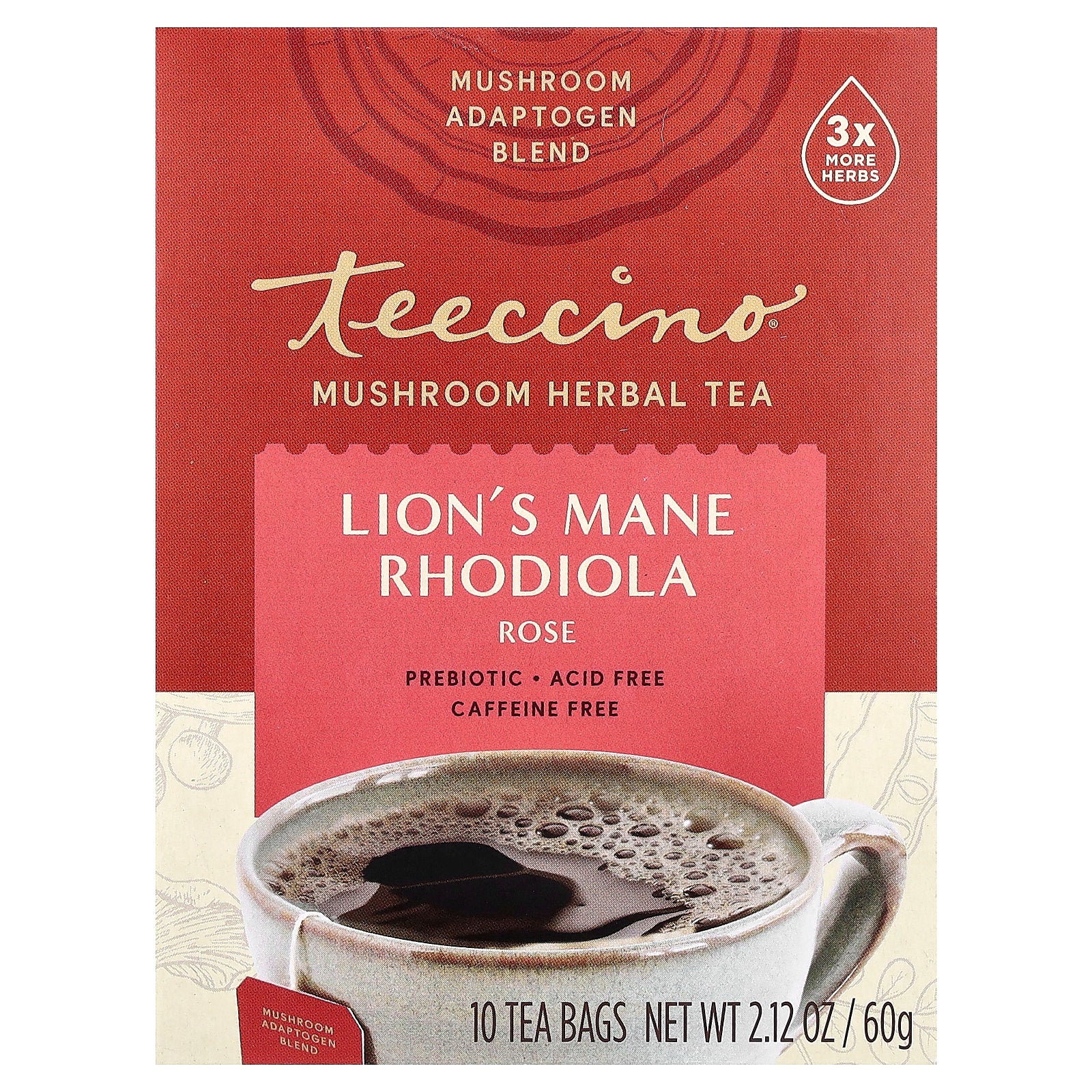 Teeccino, Mushroom Herbal Tea, Lion's Mane Rhodiola, Rose, Caffeine Free, 10 Tea Bags, 2.12 oz (60 g)