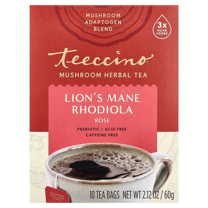 Teeccino, Mushroom Herbal Tea, Lion's Mane Rhodiola, Rose, Caffeine Free, 10 Tea Bags, 2.12 oz (60 g)