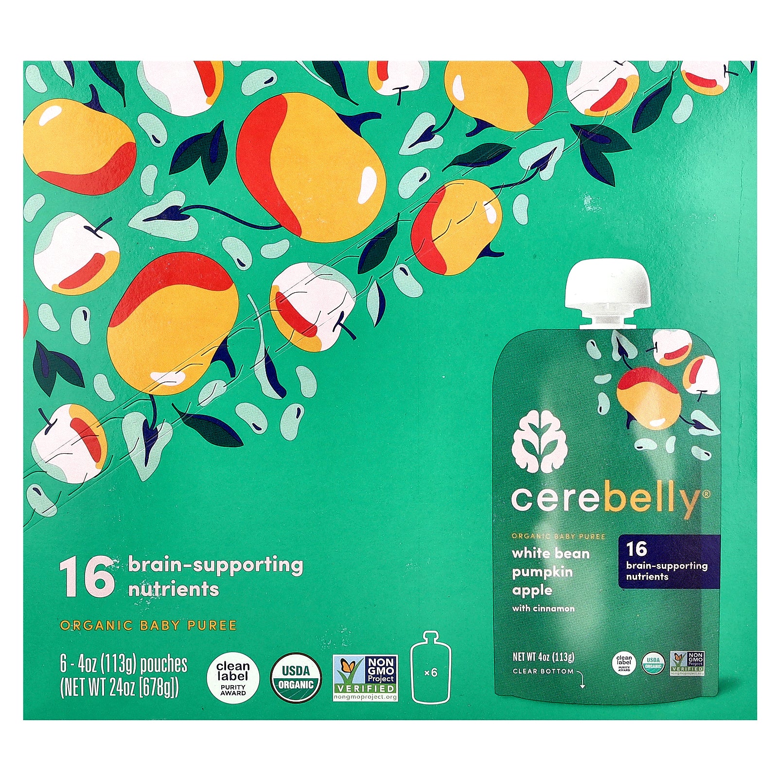 Cerebelly, Organic Baby Puree, White Bean, Pumpkin, Apple with Cinnamon, 6 Pouches, 4 oz (113 g) Each
