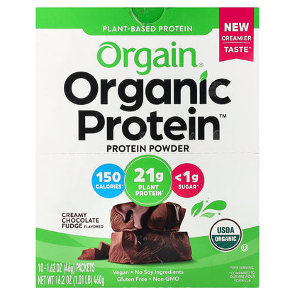 Orgain, Organic Protein™ Powder, Plant-Based, Creamy Chocolate Fudge, 10 Packets, 1.62 oz (46 g) Each
