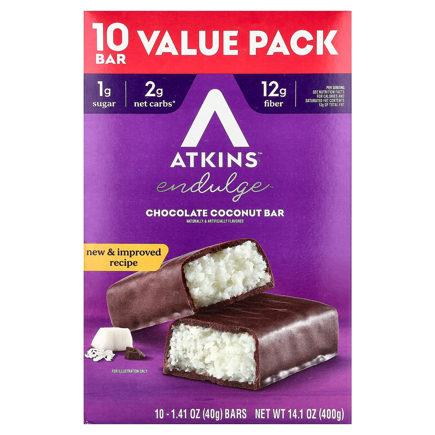 Atkins, Endulge™, Chocolate Coconut Bar, 10 Bars, 1.41 oz (40 g) Each
