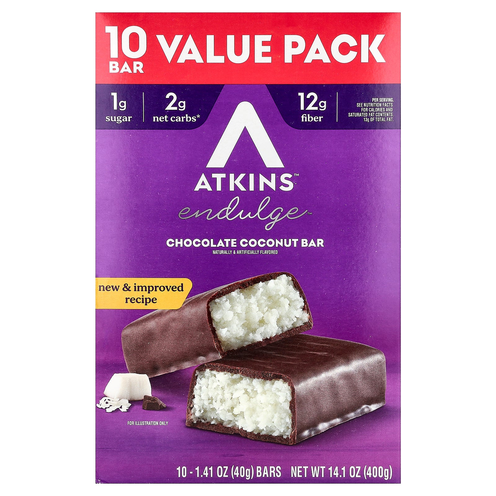 Atkins, Endulge™, Chocolate Coconut Bar, 10 Bars, 1.41 oz (40 g) Each