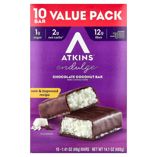Atkins, Endulge™, Chocolate Coconut Bar, 10 Bars, 1.41 oz (40 g) Each
