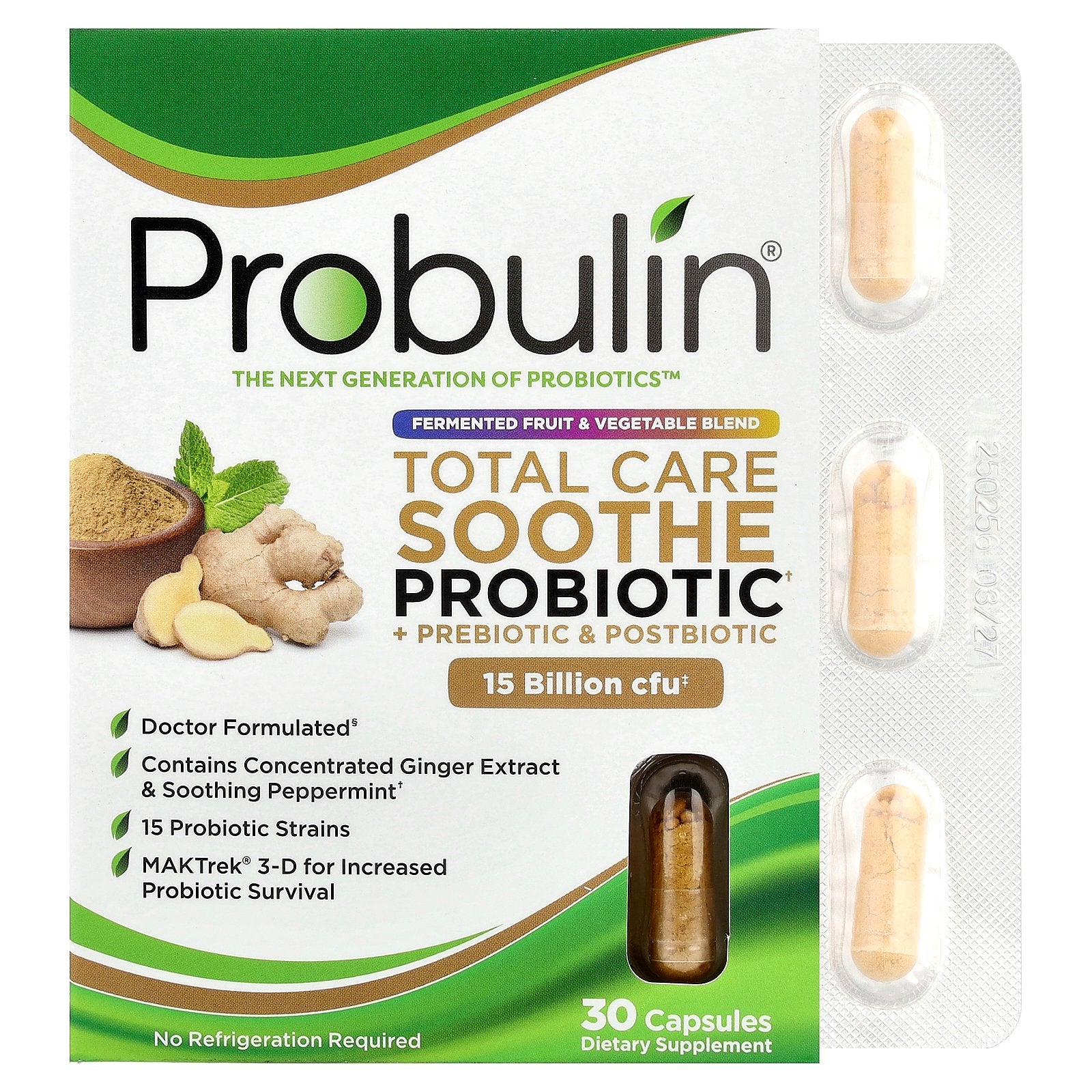 Probulin, Total Care Soothe Probiotic + Prebiotic & Postbiotic, 30 Capsules