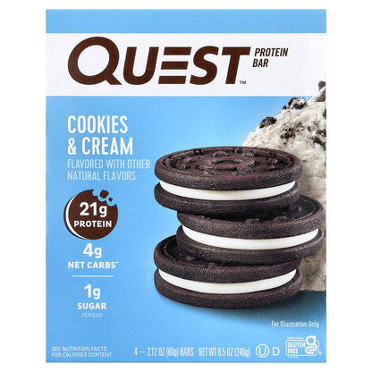 Quest Nutrition, Protein Bar, Cookies & Cream, 4 Bars, 2.12 oz (60 g) Each