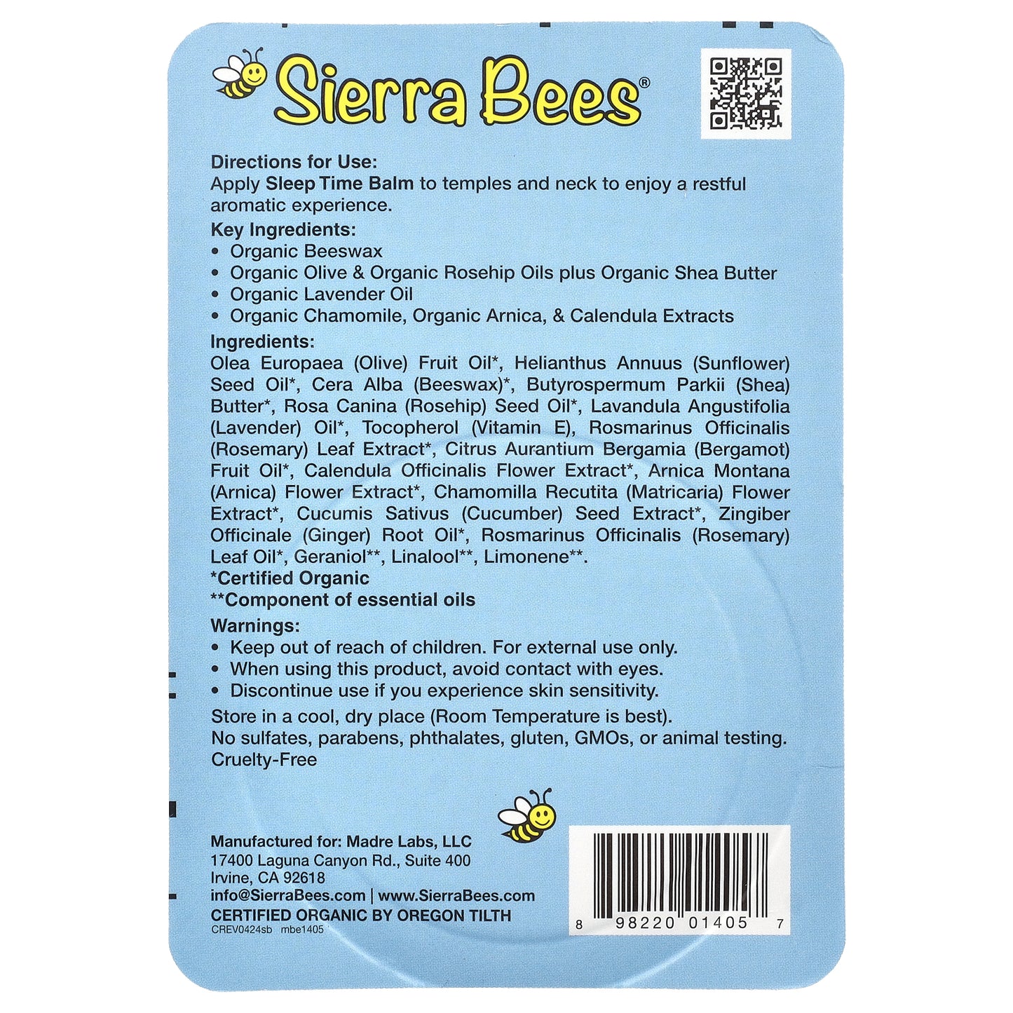 Sierra Bees, Sleep Time Balm, Lavender & Chamomile, 0.6 oz (17 g)