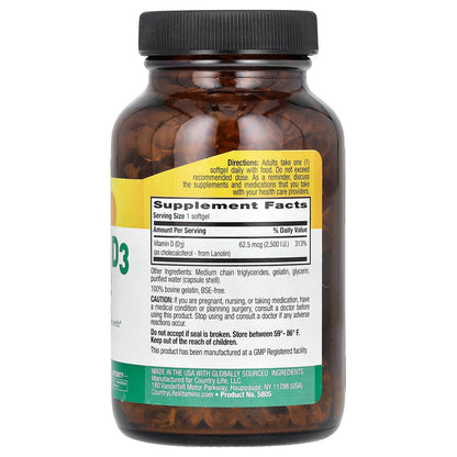 Country Life, Vitamin D3, 62.5 mcg (2,500 I.U.), 200 Softgels