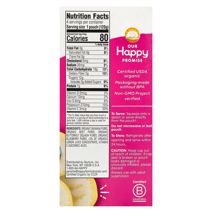 Happy Family Organics, Happy Tot®, Love My Veggies, Stage 4, Organic Bananas, Beet, Squash & Blueberries, 4 Pouches, 4.22 oz (120 g) Each