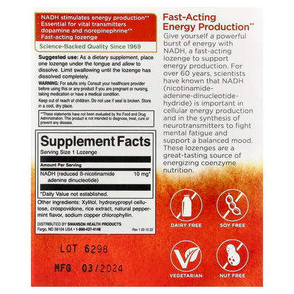 Swanson, NADH, Peppermint, 10 mg, 30 Lozenges