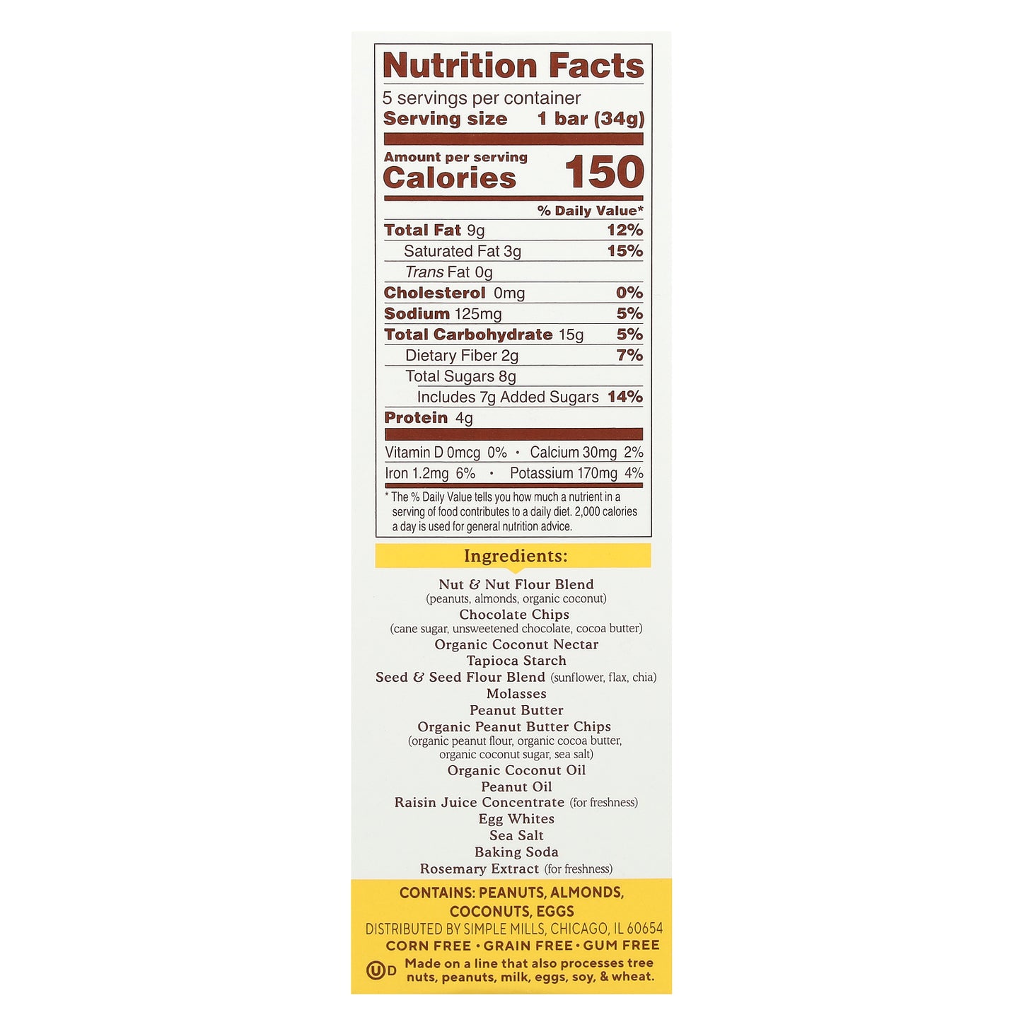 Simple Mills, Soft Baked Almond Flour Bars, Peanut Butter Chocolate Chip,  5 Bars, 1.19 oz (34 g) Each