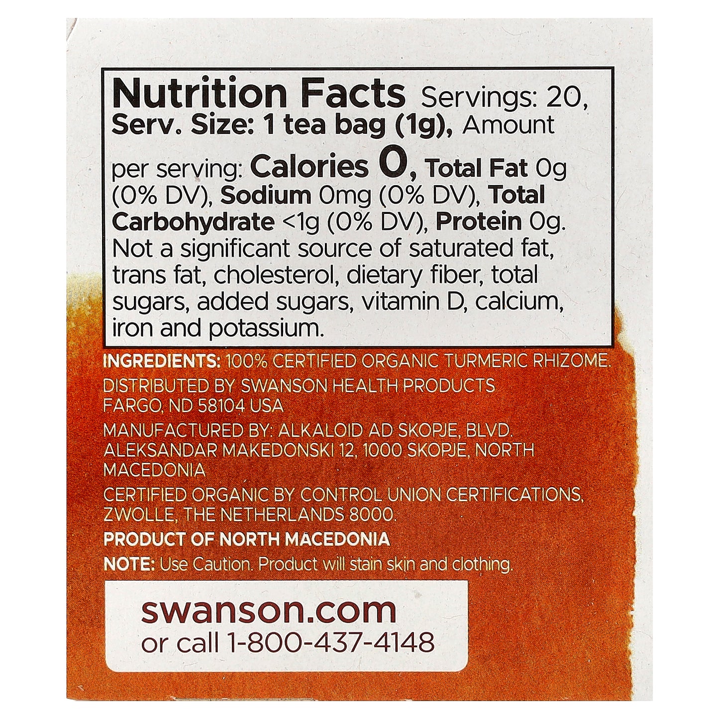 Swanson, 100% Organic Turmeric Tea, Caffeine-Free, 20 Tea Bags, 0.7 oz (20 g)