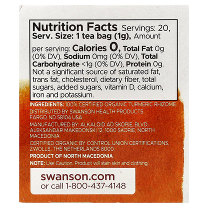 Swanson, 100% Organic Turmeric Tea, Caffeine-Free, 20 Tea Bags, 0.7 oz (20 g)