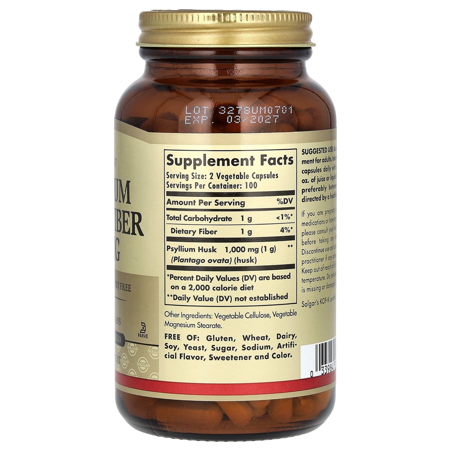 Solgar, Psyllium Husks Fiber, 1,000 mg, 200 Vegetable Capsules (500 mg per Capsule)