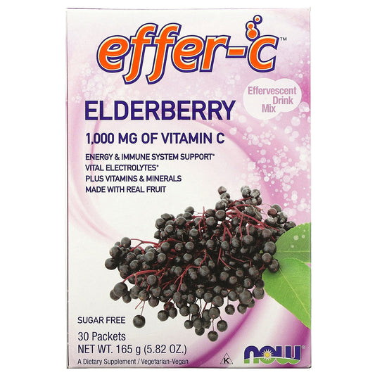 NOW Foods, Effer-C, Effervescent Drink Mix, Elderberry, 1,000 mg, 30 Packets, 5.5 g Each