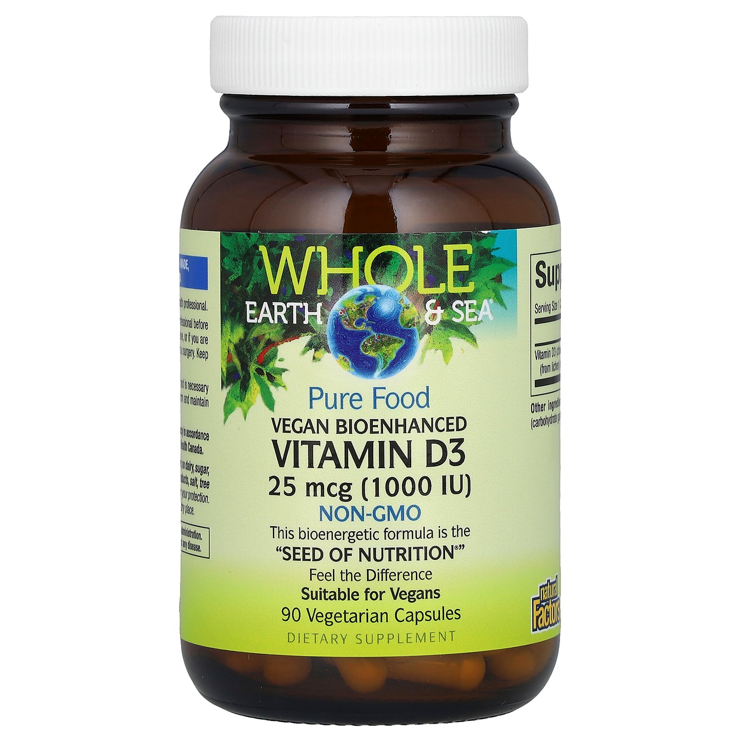 Natural Factors, Whole Earth & Sea, Vegan Bioenhanced Vitamin D3, 25 mcg (1,000 IU), 90 Vegetarian Capsules