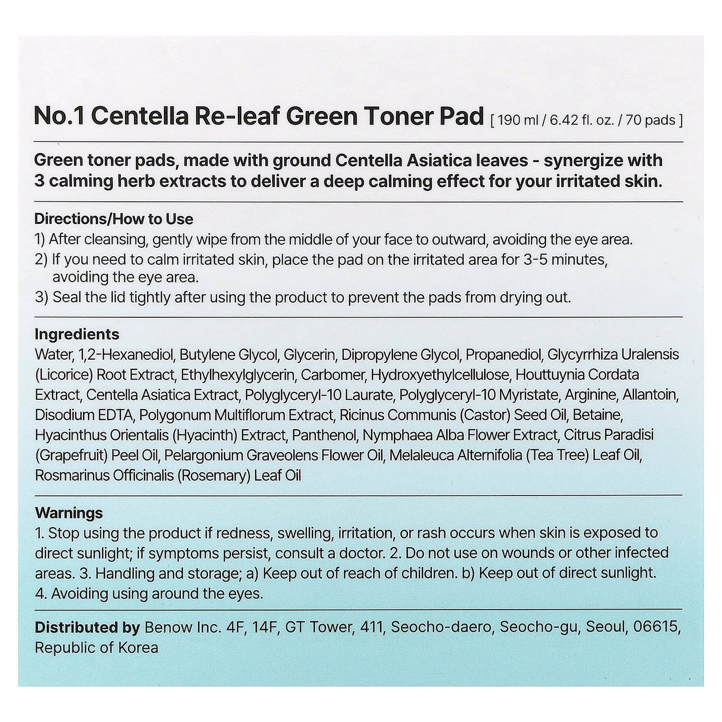 Numbuzin, No.1 Centella Re-Leaf Green Toner Pad, 70 Pads, 6.42 fl oz (190 ml)