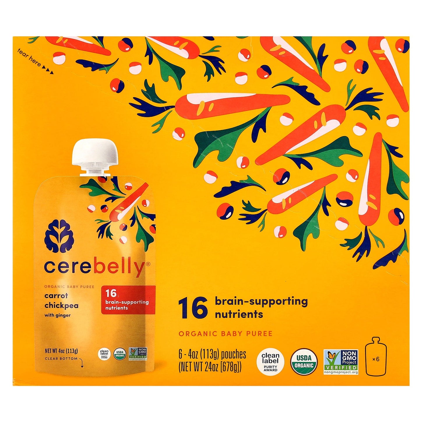 Cerebelly, Organic Baby Puree, Carrot Chickpea with Ginger, 6 Pouches, 4 oz (113 g) Each