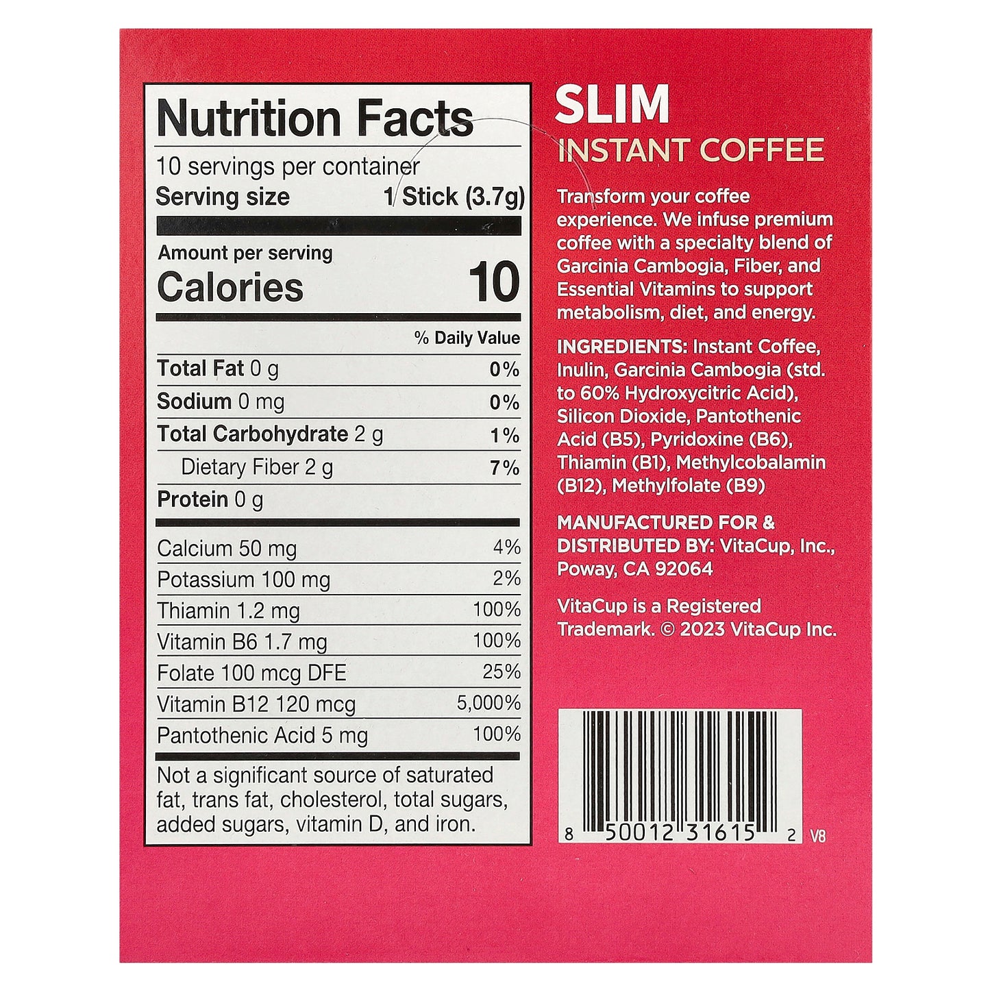 VitaCup, Slim Instant Coffee, Medium Roast, 10 Single-Serve Sticks, 0.13 oz (3.7 g) Each