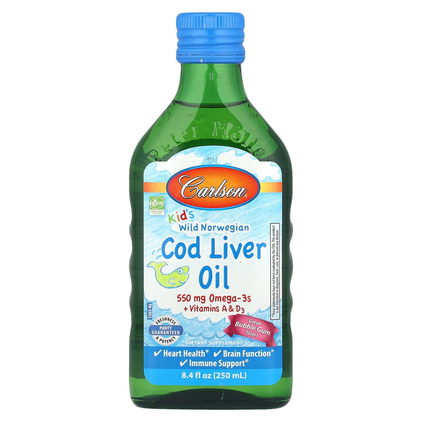 Carlson, Kid's Wild Norwegian, Cod Liver Oil + Vitamins A & D3, Bubble Gum, 8.4 fl oz (250 ml)