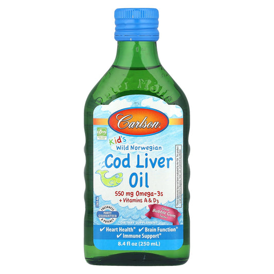 Carlson, Kid's Wild Norwegian, Cod Liver Oil + Vitamins A & D3, Bubble Gum, 8.4 fl oz (250 ml)