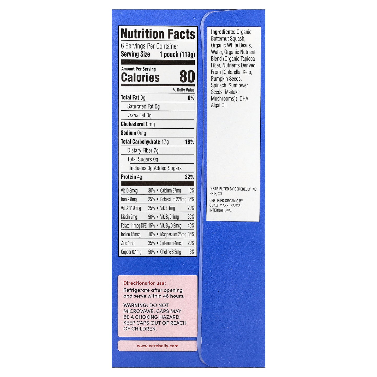 Cerebelly, Organic Puree, 6+ Months, Butternut Squash & White Bean, 6 Pouches, 4 oz (113 g) Each