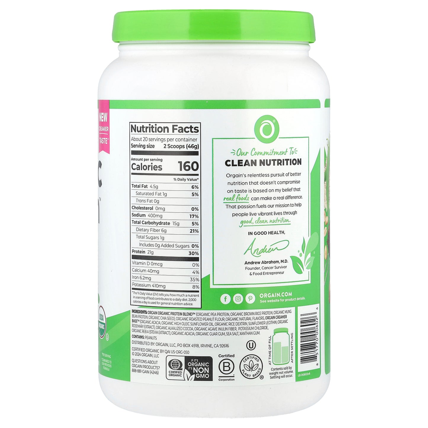 Orgain, Organic Protein™ Powder, Plant Based, Chocolate Peanut Butter, 2.03 lb (920 g)