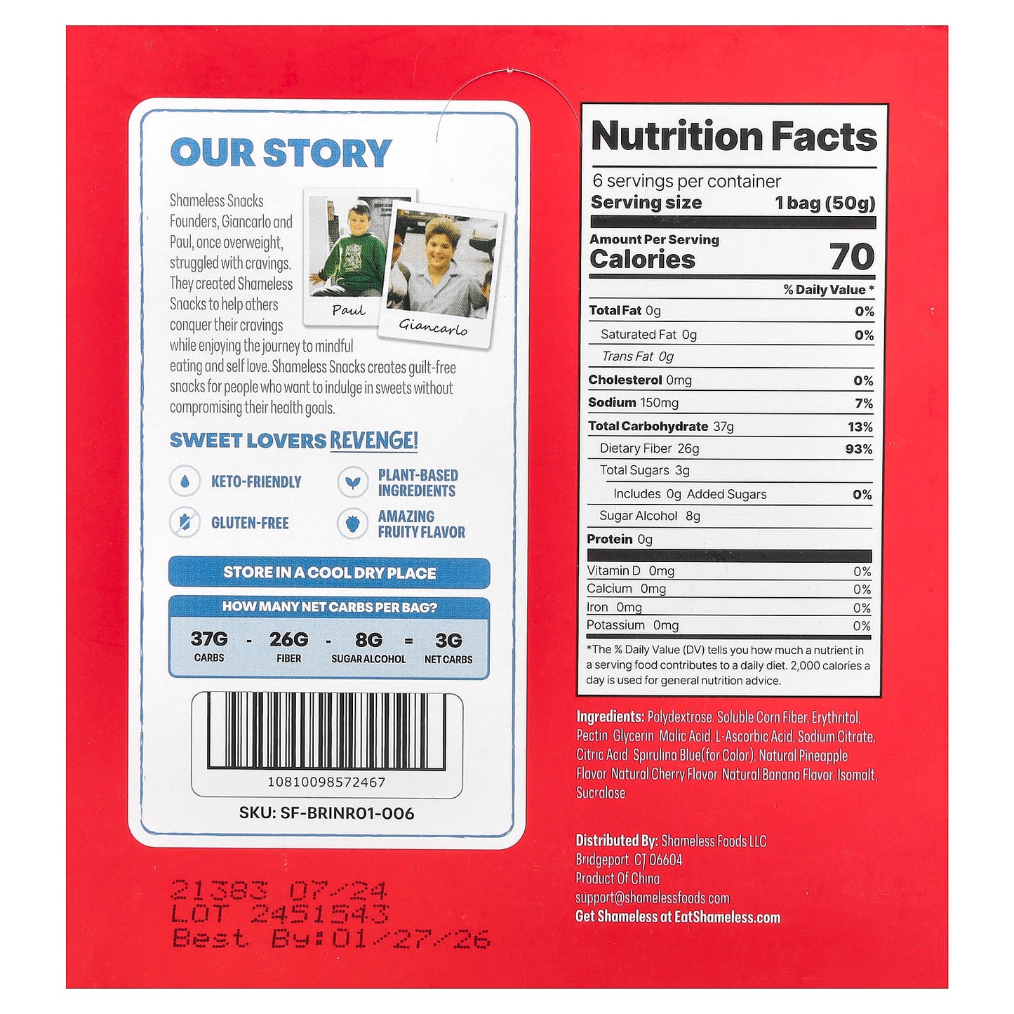 Shameless Snacks, Gummy Candy, Super Sour Blue Raspberry, 6 Bags, 1.8 oz (50 g) Each