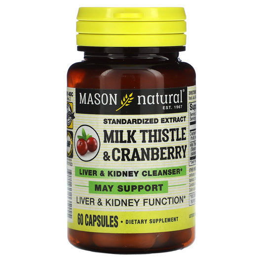 Mason Natural, Milk Thistle/Cranberry, Standardized Extract, Liver & Kidney Cleanser, 60 Capsules