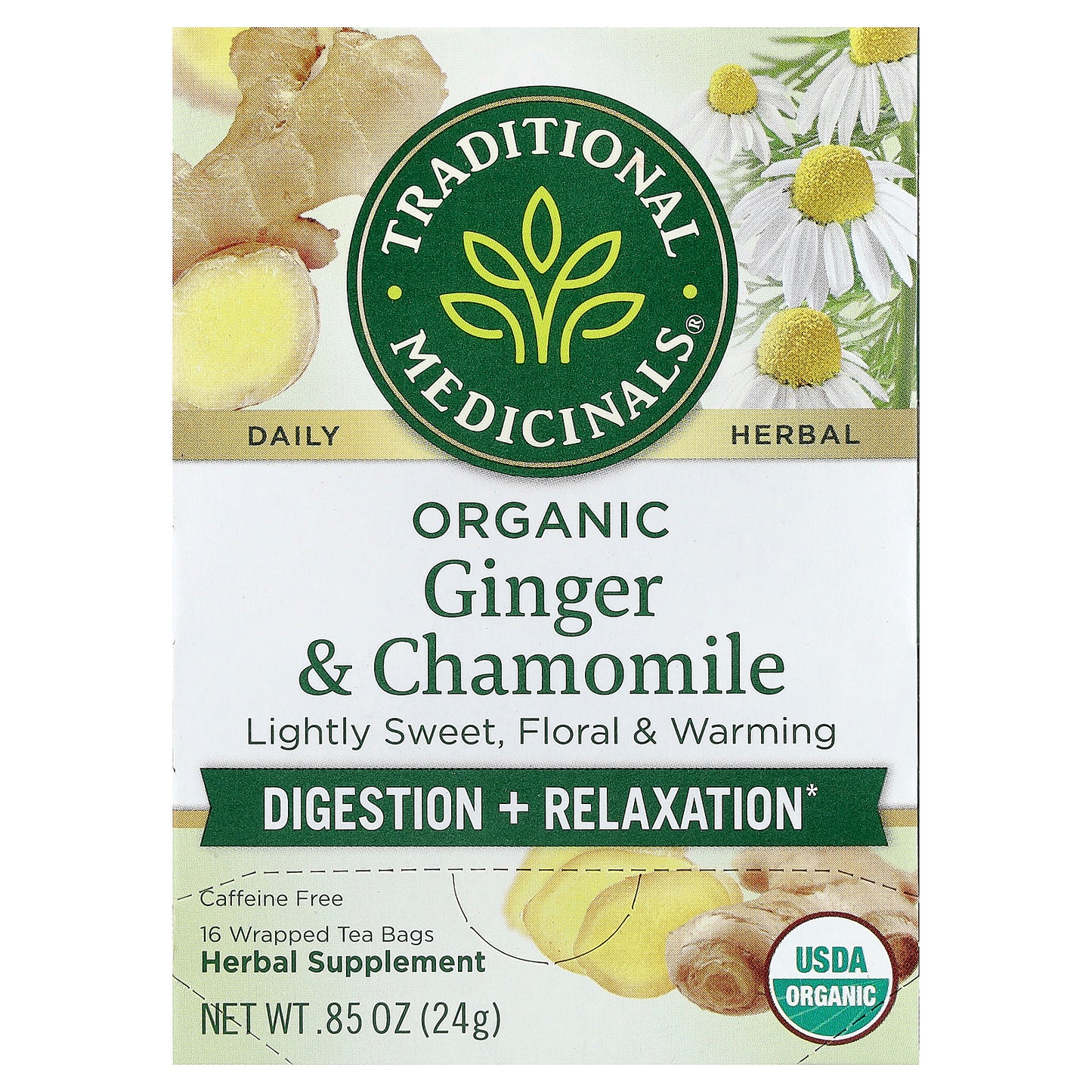 Traditional Medicinals, Organic Ginger & Chamomile, Caffeine Free, 16 Wrapped Tea Bags, 0.85 oz (24 g)