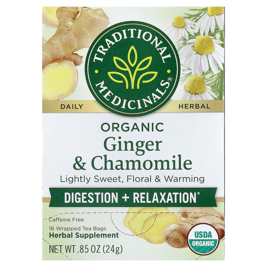 Traditional Medicinals, Organic Ginger & Chamomile, Caffeine Free, 16 Wrapped Tea Bags, 0.85 oz (24 g)
