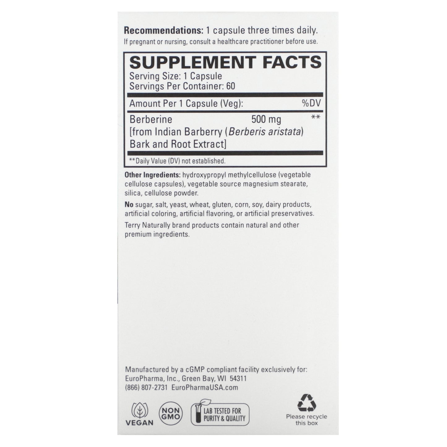 Terry Naturally, Berberine, 500 mg, 60 Capsules