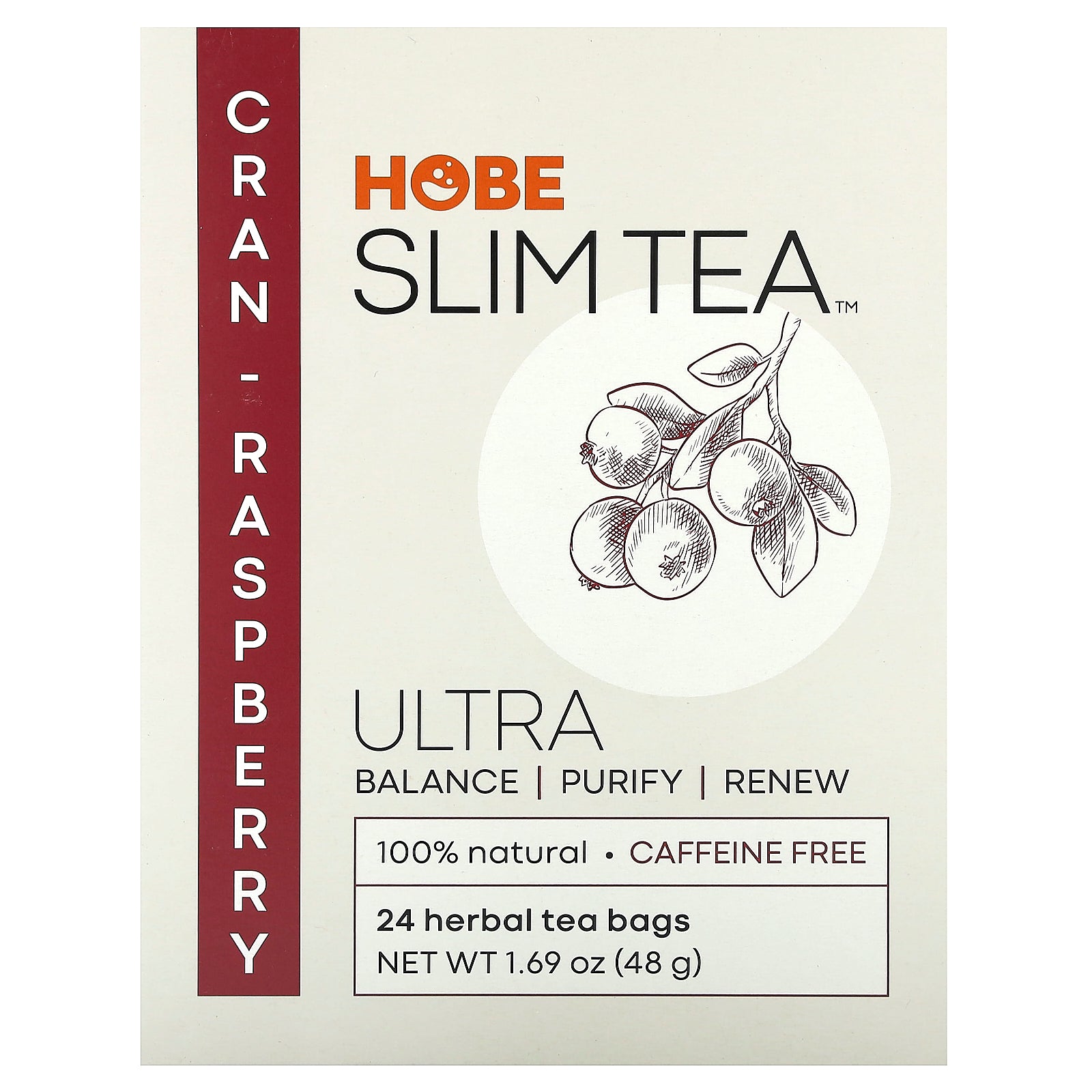 Hobe Labs, Ultra Slim Tea, Cran-Raspberry, Caffeine Free, 24 Herbal Tea Bags, 1.69 oz (48 g)