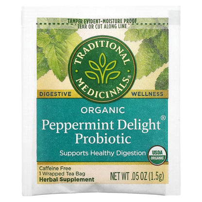 Traditional Medicinals, Organic Peppermint Delight Probiotic, Caffeine Free, 16 Wrapped Tea Bags, 0.85 oz (24 g)