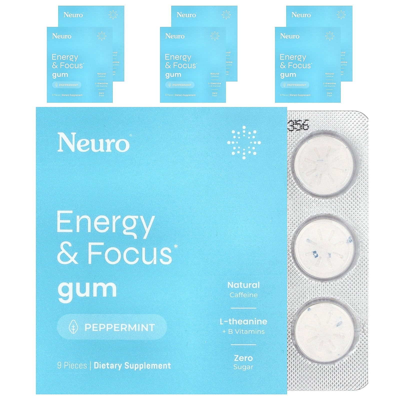 NeuroGum, Energy & Focus Gum, Peppermint, 6 Packs, 9 Pieces Each