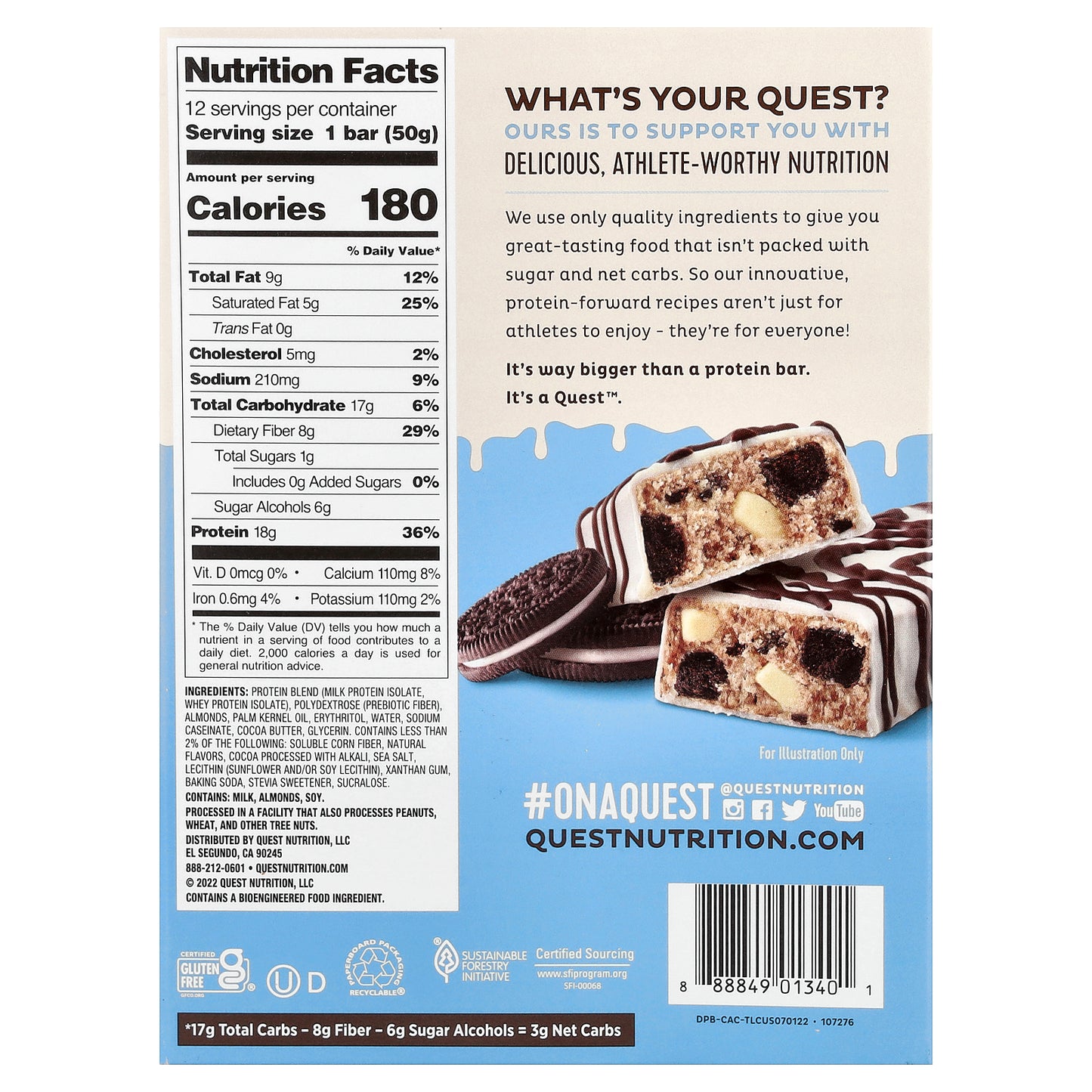 Quest Nutrition, Protein Bar, Dipped Cookies & Cream, 12 Bars, 1.76 oz (50 g) Each