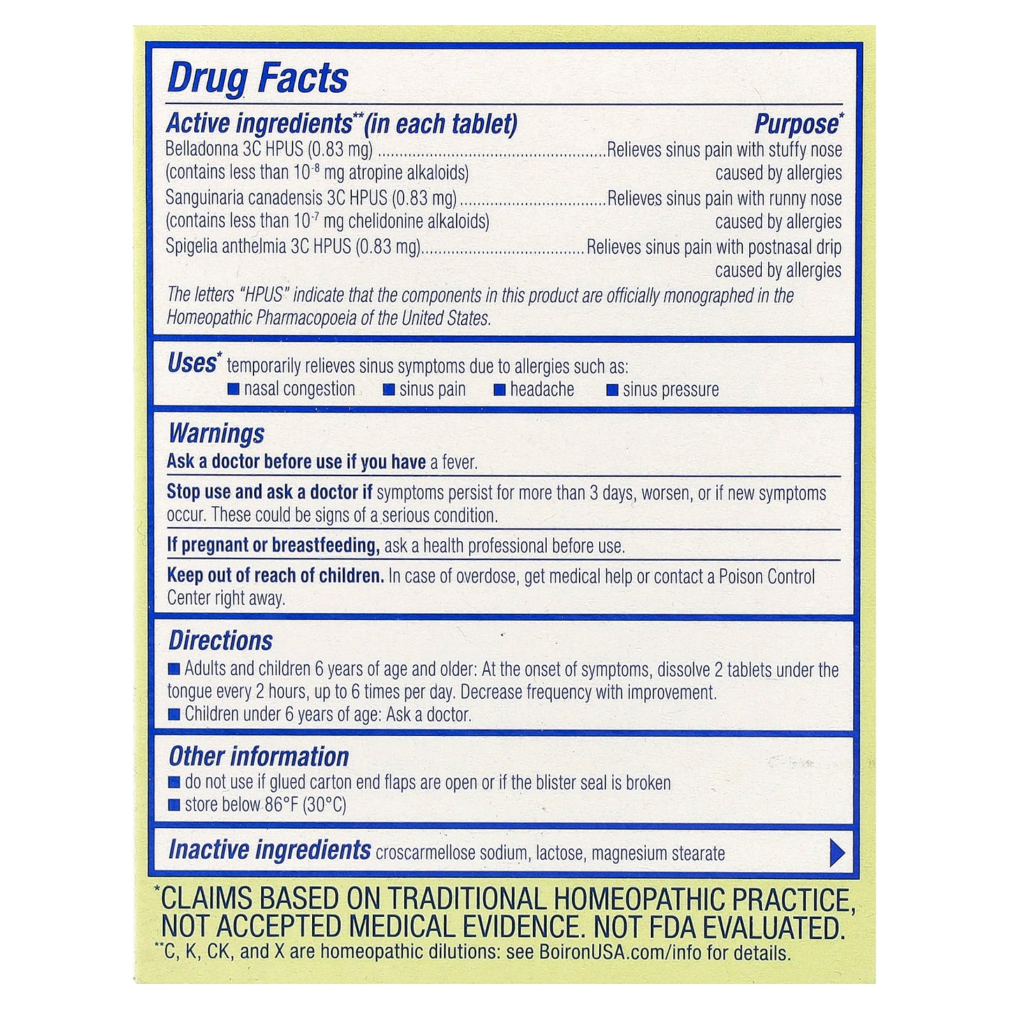 Boiron, SinusCalm® Allergy, Sinus Relief, Unflavored, 60 Meltaway Tablets